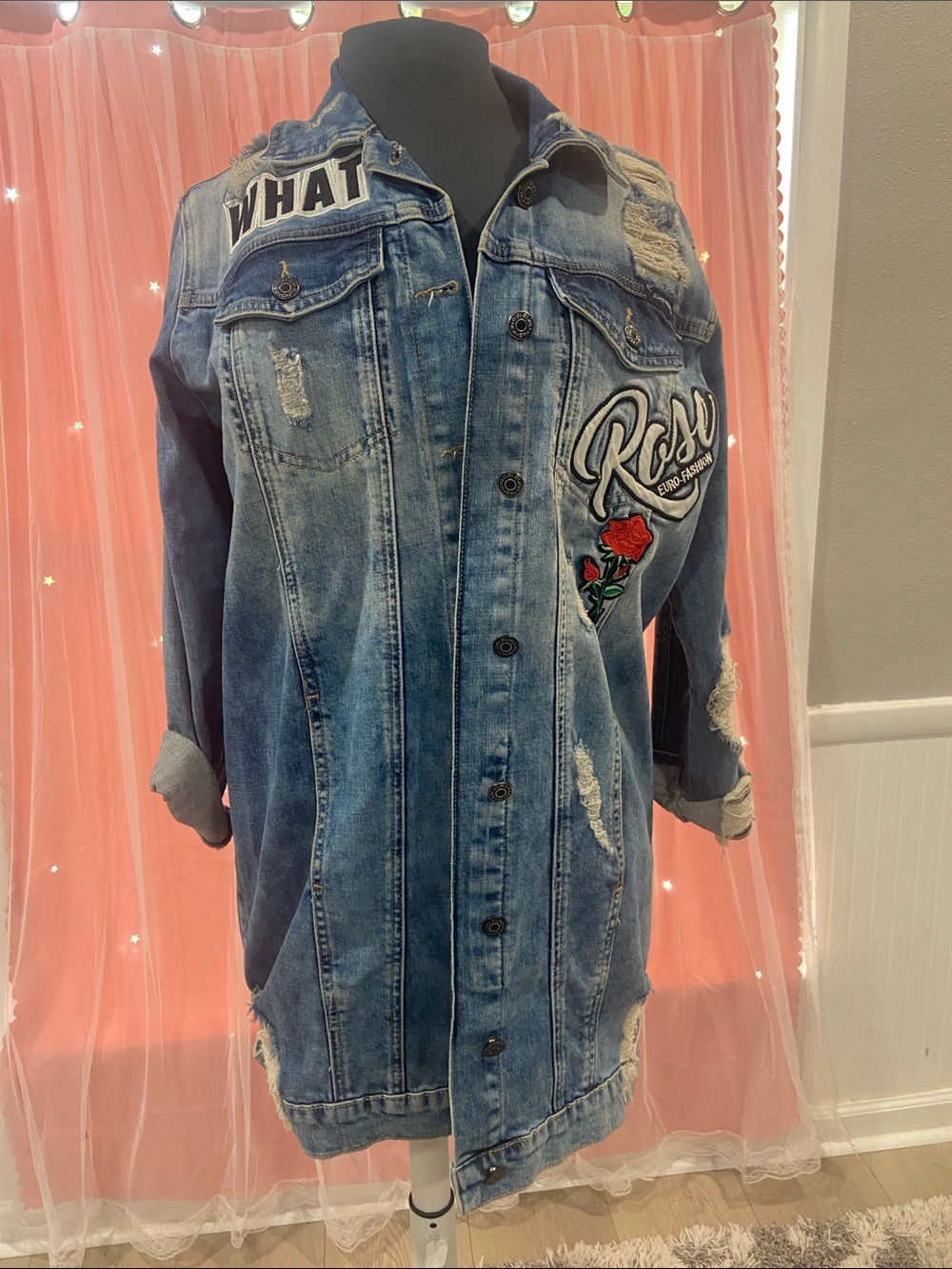 Indigo Blue Patchwork Embroidered Jean Jacket size M